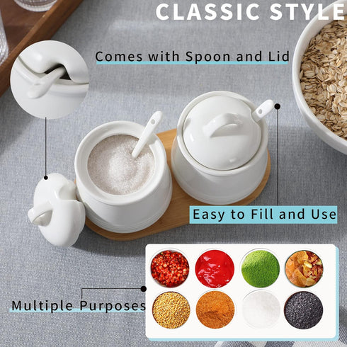 HAOTOP Ceramic Sugar Bowl 2 Pack, PorcelainJar with Tray, Spoon and Lid for Sugar, Pepper, Coffee, Spice, Salt, 12 Ounces (White)...