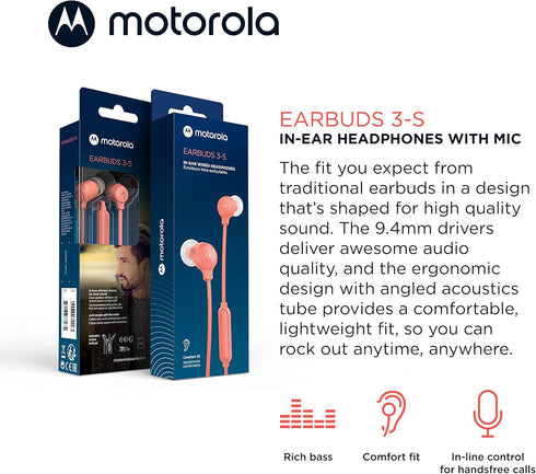 Motorola Earbuds 3-S Wired Earbuds with Microphone - Corded in-Ear Headphones, Comfortable Lightweight Silicone Ear Buds, Non-Tangle Flat Cable, 9...