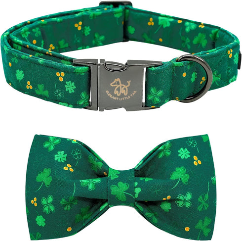 Elegant little tail St. Patrick's Day Dog Collar, Dog Collar with Bow, Green Clover Dog Collar Pet Gift Dog Bowtie Adjustable Dog Collar for Large...