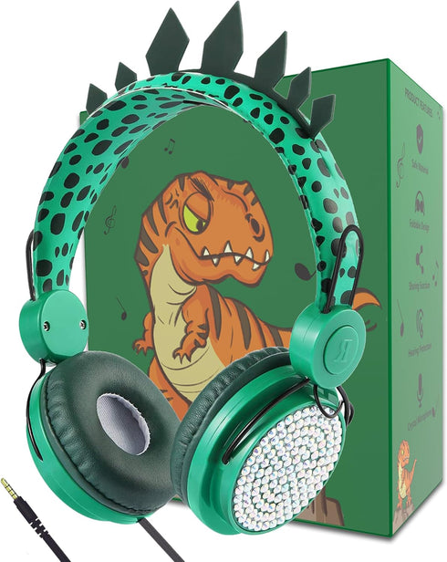 Kids Headphones,Dinosaurs Wired Headsets for Boys&Girls,Built-in Mic&On/Over Ear HD Stereo for Online Study/School/Tablet with Nylon Cable (Green)...