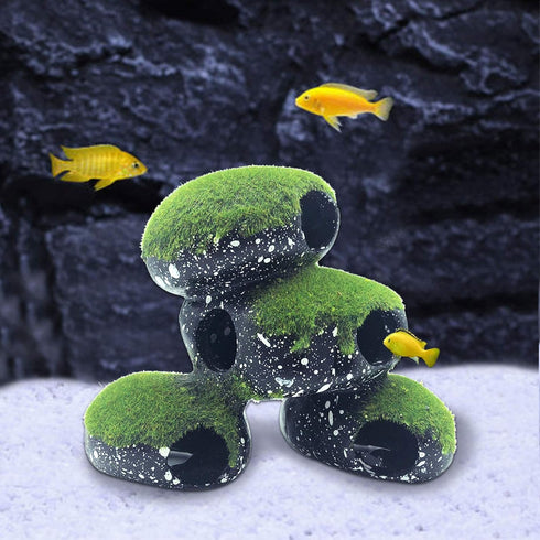 PINVNBY Stone Aquarium Hideaway Decoration Resin Cichlids Rock Decor with Artificial Moss Betta Cave Hideout Shelter Tunnel Fish Tank Ornament for...