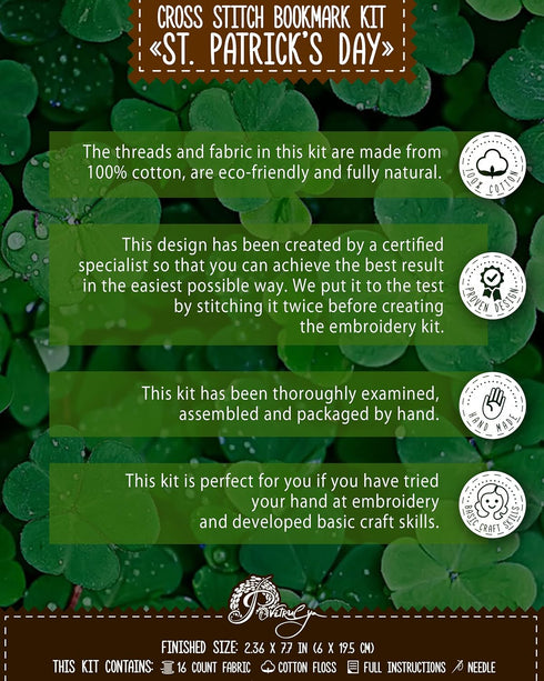 Povitrulya Counted Cross Stitch Kit 'Happy St. Patrick’s Day' - DIY Embroidery Book Marker Set for Adults with Paper Pattern, 16 Count Aida Canvas...
