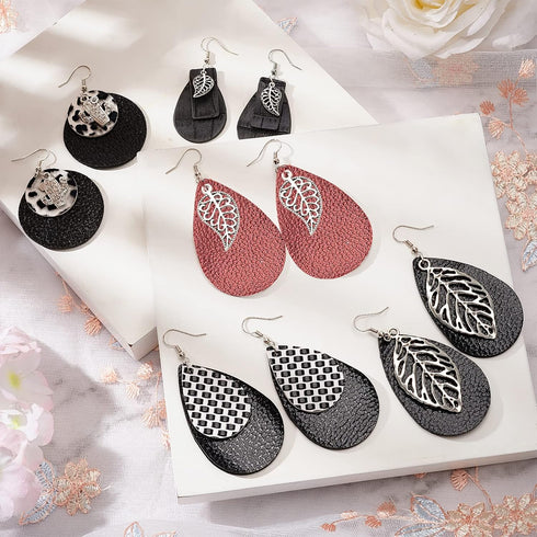 SUNNYCLUE 84Pcs DIY 10 Pairs Tree of Life Charms Faux Leather Teardrop Round Charm Black Red Stamping Faux Leather Earring Making Starter Kit Leaf...
