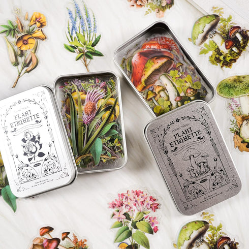 100Pcs Botanical PET Stickers, 2 Styles of Retro Mushrooms and Yard Plant PET Scrapbook Stickers Kit for Art Diary Card Craft Gifts Planner Notebo...