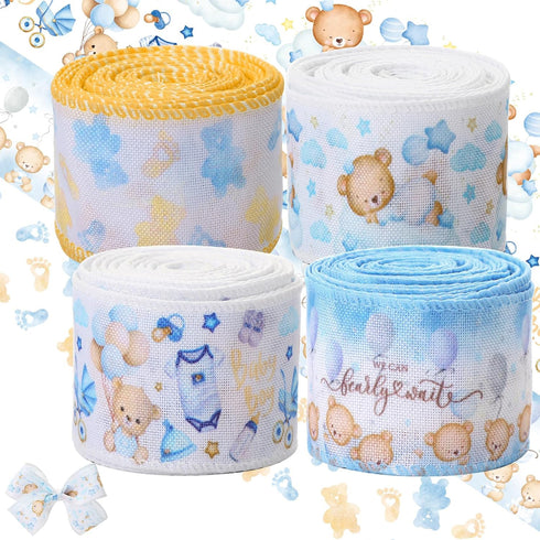 4 Rolls of 20 Yards Bear Baby Shower Ribbon 1.5 Inch Wide We Can Bearly Wait Wired Baby Shower Ribbon Bear Balloon Star Ribbon for DIY Craft Bear ...