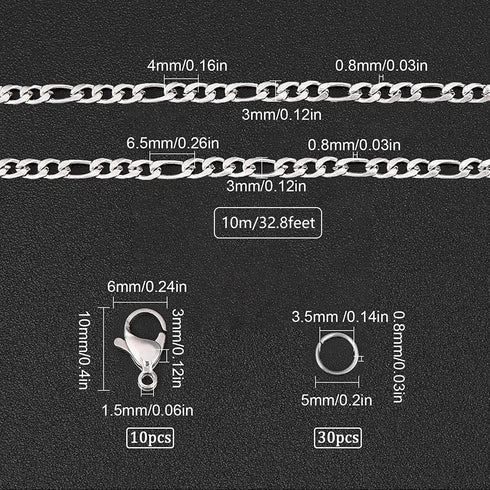 SUNNYCLUE DIY 10M 32.8 Feet 3MM Silver Chain Roll Figaro Chains Silver Plated Necklace Stainless Steel Cable Long Craft Link Chain Bulk for Jewelr...