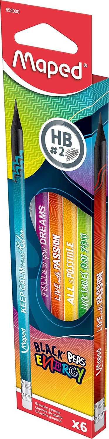 Maped 852000 - Egonomic Three-Sided Pencils Black'Peps Energy with Eraser Head - HB Medium - x6 Pens, Pack of 6...