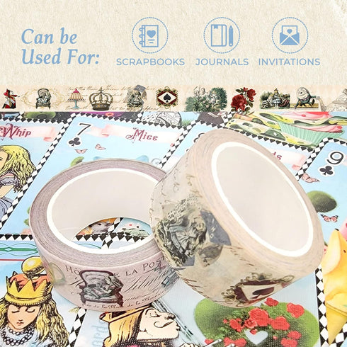 Alice in Wonderland Tea Party Washi Tape Set, Reusable Sticker Tape Roll, Versatile Crafting Supplies, Extra Long Tape, 10 Meters (394 Inches) Lon...