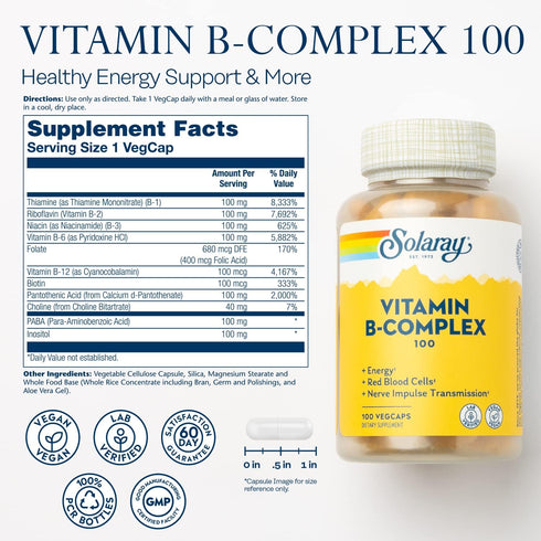 SOLARAY Vitamin B-Complex 100 mg, Healthy Energy, Blood Cell Formation & Nerve Impulse Transmission Support, 100 VegCaps (100 Count)...