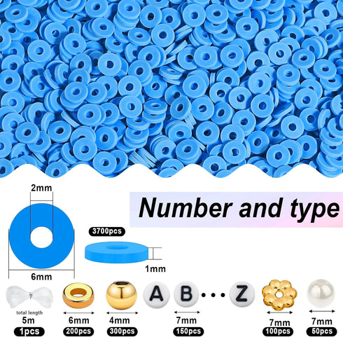 4500pcs Blue Clay Beads Kit for Bracelet Making Including 6mm Flat Polymer Clay Heishi Beads and Gold Bead Pearls Spacers Letter Beads for Jewelry...