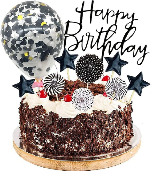 Black Happy Birthday Cake Topper Set 11 PCS Acrylic Topper Confetti Balloon Cool Stars Paper Fans Cupcake Picks Cake Decorations Supplies for Dad ...