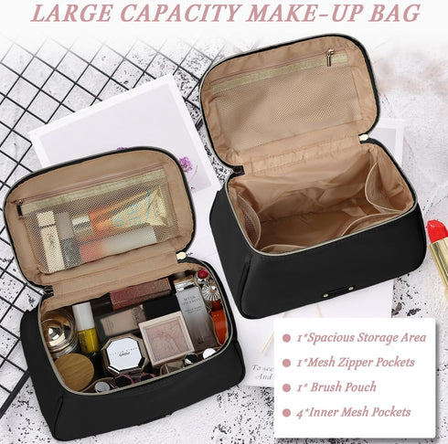 RAINSMORE Travel Makeup Bag Large Make Up Bag Waterproof Cosmetic Bag with Separate Brushes Slot Toiletry Bag for Women Portable Cosmetic Case Pou...