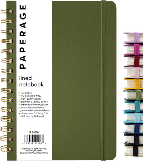 PAPERAGE Lined Spiral Journal Notebook, (Olive Green), 160 Pages, Medium 5.5 inches x 8 inches - 100 GSM Thick Paper, Hardcover, Double-Wire Spira...