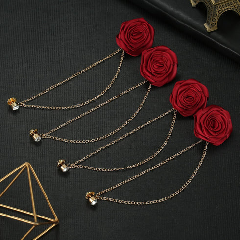 4pcs Rose Lapel Brooch with Hanging Chain, Handmade Rose Flower Brooch Badge Tassel Chain Men's Suit Accessories...