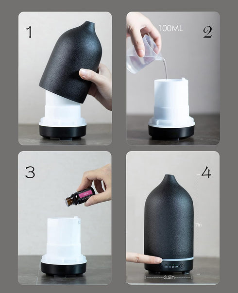 Essential Oil Diffuser,Handcrafted Ceramic Diffuser for Home,Ultrasonic Cool Mist Air Diffuser, 9 Colors Night Light with Timer (Black)...