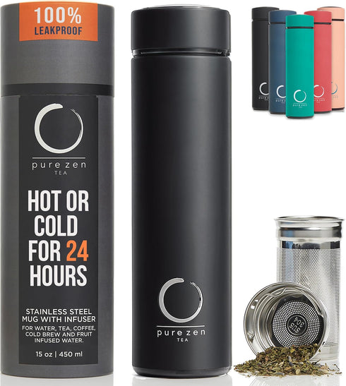 Pure Zen Tea Thermos with Infuser for Hot and Cold Infusions, Coffee and Fruit-Infused Water - Stainless Steel - Tea Infuser Bottle - Leakproof Tr...