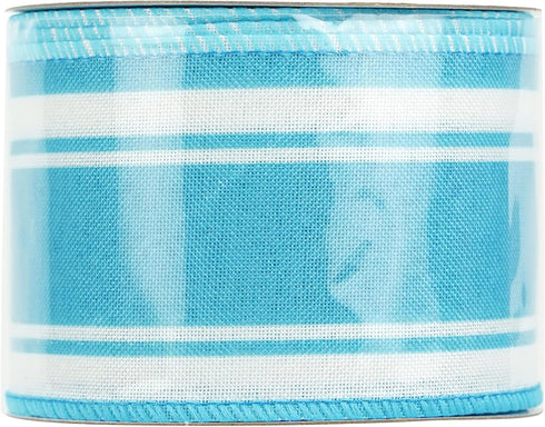 HUIHUANG Blue Stripe Ribbon Vertical Stripe Wired Edge Ribbon Blue Burlap Ribbon 2.5 Inch X 10 Yards for Crafts Wrapping Scrapbooking Bows Making ...