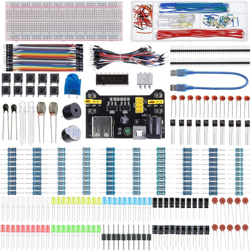 BOJACK 37 Values 480 Pcs Electronics Component Fun Kit with Power Supply Module, Jumper Wire,Precision Potentiometer,830 tie-Points Breadboard Com...