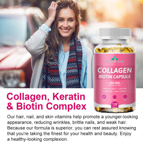 Multi Collagen Complex 200MG + Biotin 3000MCG + Vitamin C 50MG Per Serving! Promotes Healthy Hair, Beautiful Skin, and Nail Support! 120 Capsules,...