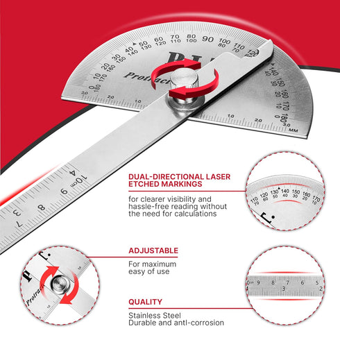 P.I.T. Angle Protractor,Stainless Steel Square Head,Angle Ruler Finder 0-180°,10 cm Woodworking Ruler, Angle Measure Tool, Craftsman Angle Measure...
