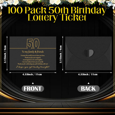 100 Pcs 50th Birthday Lottery Ticket Envelopes for Guests 4.3x3.15 in Lottery Tickets Holder with Heart Shaped Clasp Thank You Message for 50th Bi...