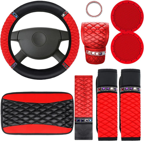Bling Car Accessories Set Leather Diamond Steering Wheel Cover Bling Seat Belt Shoulder Pad Armrest Pad Crystal Car Decor Bling Car Cup Holders Tr...