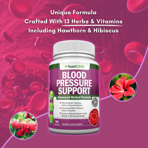 Blood Pressure Support Supplement - 13 Herbs & Vitamins - with Hawthorn, Hibiscus, Garlic & Olive Leaf Extract - Natural Supplement for Women & Me...