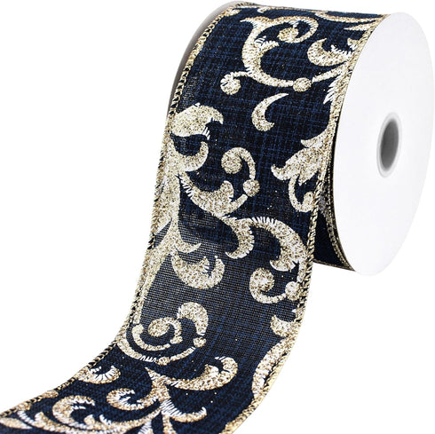 Homeford Christmas Glittered Scroll Filigree Faux Linen Wired Ribbon, 2-1/2-inch, 10-Yard, Navy...