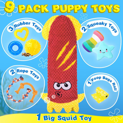 Puppy Toys for Teething, 9 Pack Interactive Dog Toys for Small Dogs, Puppy Chew Toys with Rope Toys, Treat Ball and Cute Squeaky Toys, Hold a Bott...