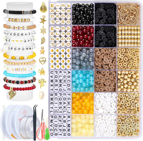 TsMADDTs Bracelet Making Kit, Friendship Bracelet Kit with Clay Beads, Glass Beads, Letter Beads with Golden Pendant and Elastic Strings for DIY C...