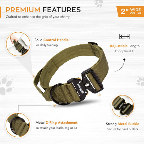 2 Inch Tactical Dog Collar with Handle for Training, Hunting, and Pet Control, Heavy Duty and Durability Military Nylon with Metal Buckle, Large D...