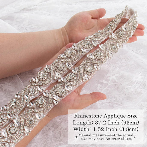 ShiDianYi Wedding Rhinestones Pearls Trim, 1 Yard Long Silver Rhinetones for Dress, Bridal Applique, Crystal Beaded Applique...