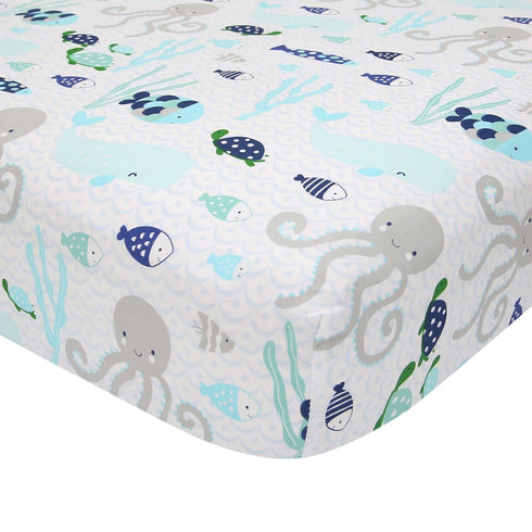 Lambs & Ivy Oceania 100% Cotton Fitted Crib Sheet - White with Blue Nautical/Aquatic Fish and Octopus...