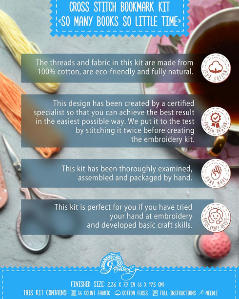 Povitrulya Counted cross Stitch Bookmark Kit 'So Many Books, So Little Time' - DIY Embroidery set for Adults with Paper pattern, 16-count Aida Can...