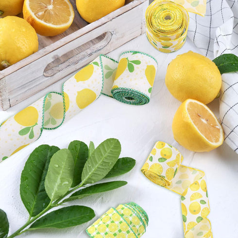 4 Rolls Lemon Wired Edge Ribbons 2.5 Inch x 24 Yards, Polka Dot Ribbon Lemon Stripe Lattice Craft Ribbon for Wrapping, DIY Project, Gift Wrapping,...
