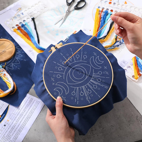 5 Pcs Evil Eye Embroidery Starters Set for Beginners Stamped Cross Stitching Kits for Adults, 5 Embroidery Cloth with Patterns, Hoop, Needles, Thr...