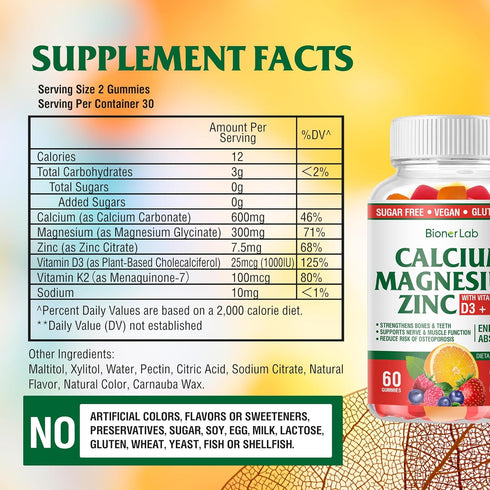 Calcium Magnesium Zinc Gummies with Vitamin D3 & K2 - High Potency Enhanced Absorption - Orange and Berry Flavored...