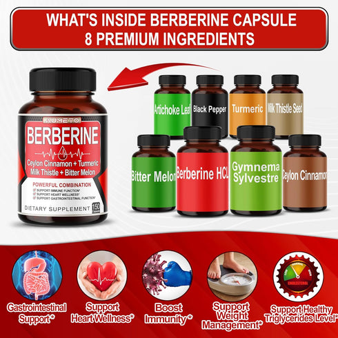Berberine Supplement - Enhanced with Ceylon Cinnamon, Turmeric, Milk Thistle, Bitter Melon for Digestion, Immunity & Weight Managament (150 count ...