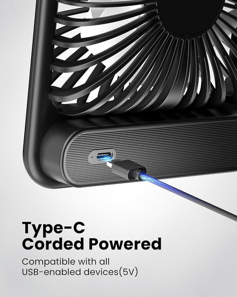 Koonie USB Desk Fan, Strong Wind Ultra Quiet Small Personal Fan with 180° Tilt Folding and 3 Speeds Adjustable, USB-C Corded Powered Mini USB Fan ...