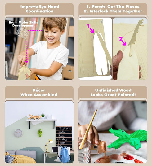 Puzzled 3D Puzzle Alligator Wood Craft Construction Model Kit, Fun, Unique & Educational DIY Wooden Toy Assemble Model Unfinished Crafting Hobby P...