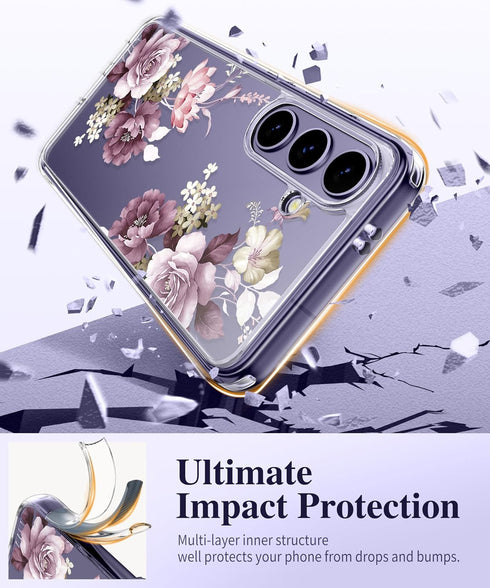 GVIEWIN for Samsung Galaxy S24 Case Floral, with Screen Protector & Camera Lens Protector, Hard PC&TPU Bumper Clear Shockproof Protective Women Ph...