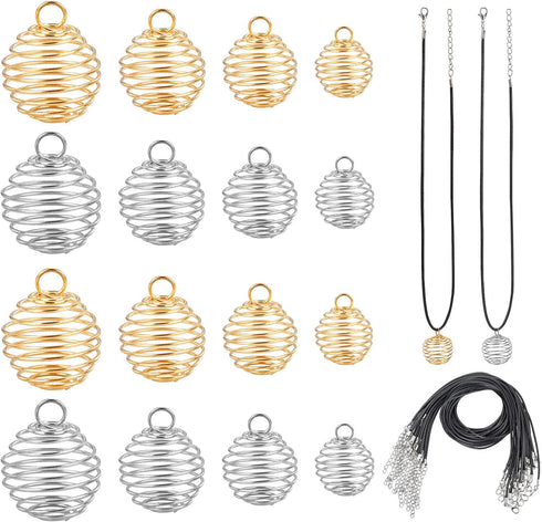 PH PandaHall 72pcs Spiral Bead Cage Pendants Set 48pcs 4 Sizes Iron Stone Holder Cage Necklace Pendants with 24pcs Leather Cord for Jewelry Making...