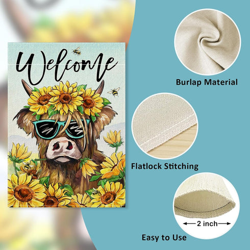 Welcome Spring Summer Highland Cow Decorative Garden Flag, Farm Animal Sunflower Floral Flower Yard Outside Decorations, Bee Farmhouse Rustic Outd...