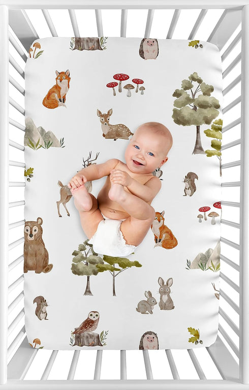 Sweet Jojo Designs Woodland Forest Animals Boy Girl Gender Neutral Unisex Fitted Mini Crib Sheet Baby Nursery Infant Newborn Bed Room Portable Pac...