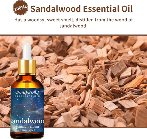 BURIBURI 100ML Sandalwood Essential Oil, 100% Pure Undiluted Aromatherapy Sandalwood Oil 3.38fl.oz for Soap, Candle Making, Massage, Diffuser, Hum...