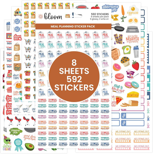 bloom daily planners Meal Planning Stickers - 8 Sheets / 592 Stickers - Essential Variety Pack for Menu Prepping, Grocery Shopping, Food & Diet Tr...