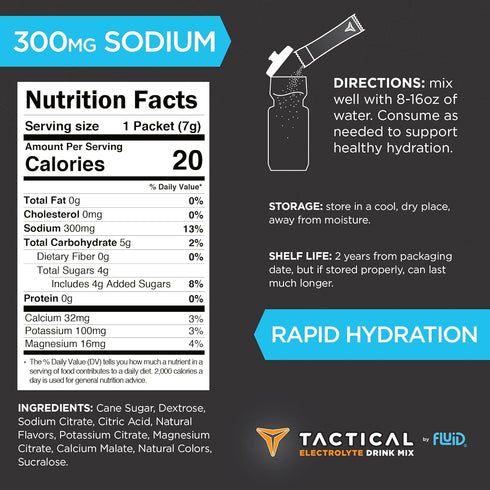 Fluid Tactical - Electrolyte Powder Drink Mix, Travel Ready Stick Packs, Extreme Re-Hydration, Low Sugar, Prevent Dehydration, Eliminate Cramps (V...