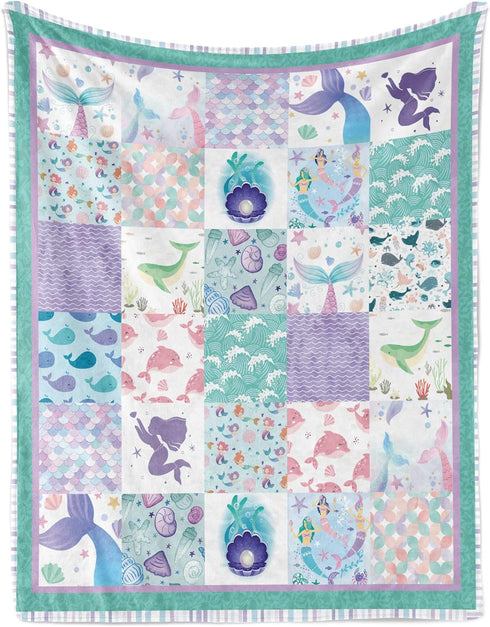 Mermaid Baby Throw Blanket for Girls, Soft Cozy Cute Mermaid Ocean Theme Plush Flannel Crib Blanket for Nursery, 30x40 inch Purple Teal Mermaid Fl...