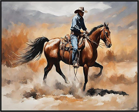 Posterizer 1 pcs- Cowboy dressed in blue riding a brown horse-Art for Animal Lovers- Gift for Men Women Entrepreneur Teens-Decor for Home & Office...