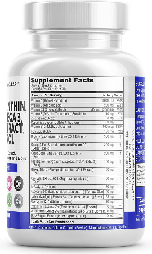 Eye Health Vitamins with Bilberry 6000mg Lutein & Zeaxanthin 40mg Lycopene 40mg Resveratrol 3000mg Grape Seed Extract 6000mg Omega 3 4000mg Astaxa...